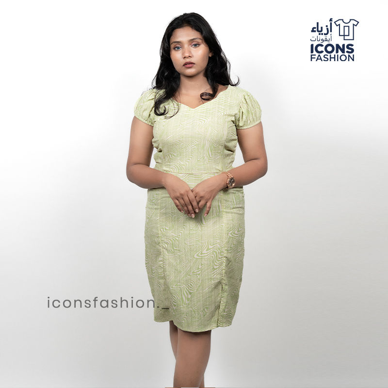 Women-light-green-bodycon-textured-dress-with-short-puff-sleeves