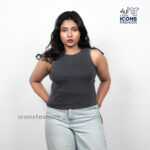 Woman-black-sleeveless-ribbed-tank-top-with-slim-fit-and-high-round-neckline