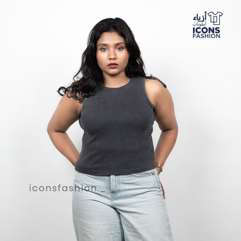 Woman-black-sleeveless-ribbed-tank-top-with-slim-fit-and-high-round-neckline