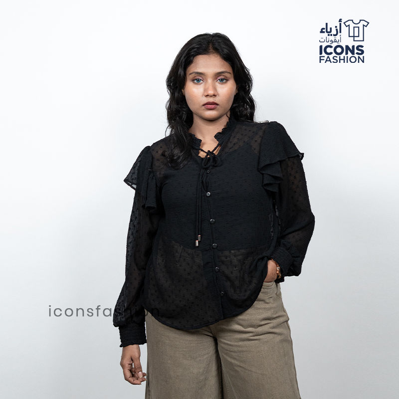 Black-sheer-ruffle-sleeve-button-front-top-for-women