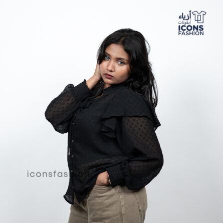 Black sheer ruffle top for Women | Button-front long-sleeve top - Image 3