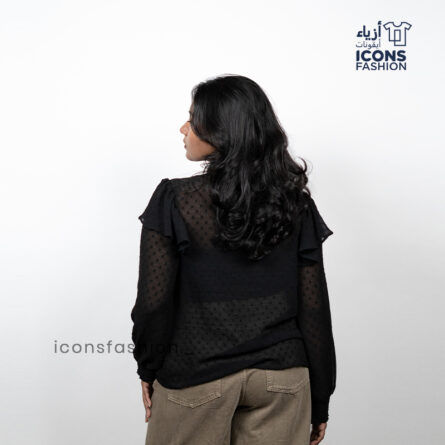 Black sheer ruffle top for Women | Button-front long-sleeve top - Image 4