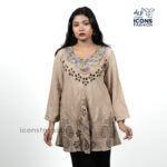 Beige-printed-flared-ethnic-dress-for-women-with-v-neck-and-long-sleeves