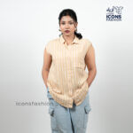 Yellow-striped-sleeveless-button-down-shirt-for-women