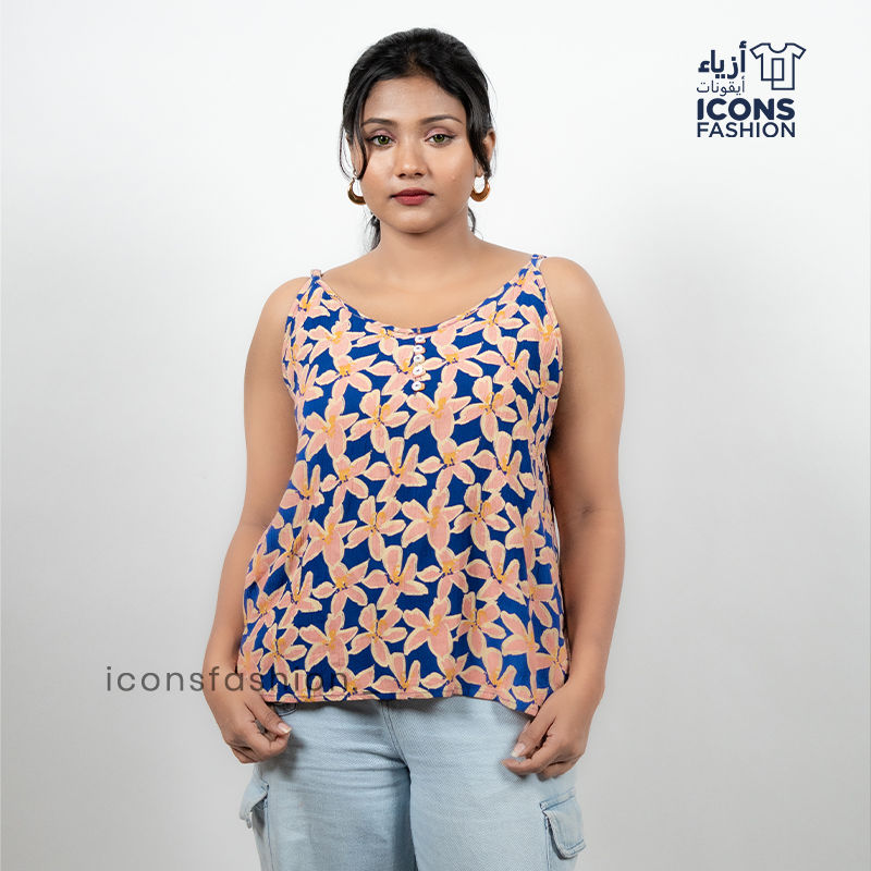 Blue-floral-printed-spaghetti-straps-top-for-women
