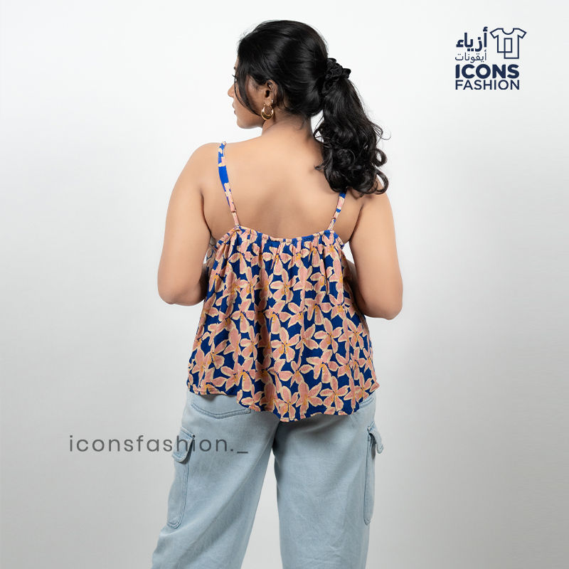 Blue-floral-printed-spaghetti-straps-top-for-women