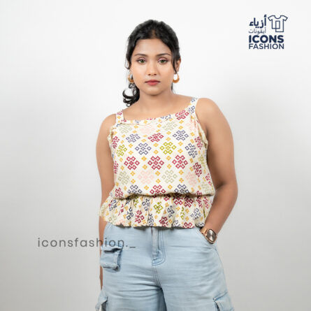 Off-white-multicolour-printed-sleeveless-peplum-top-for-women