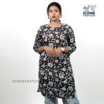 Black-printed-kurti-for-women-with-floral-motifs-round-neck-three-quarter-sleeves