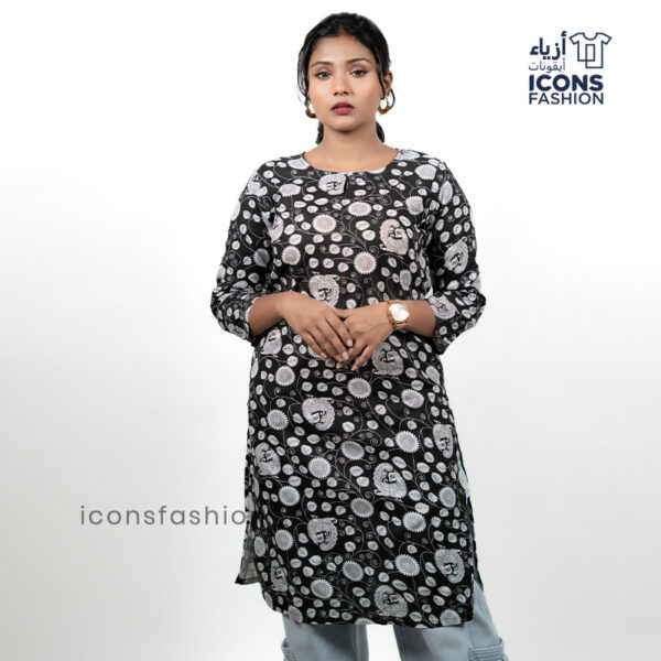 Black-printed-kurti-for-women-with-floral-motifs-round-neck-three-quarter-sleeves