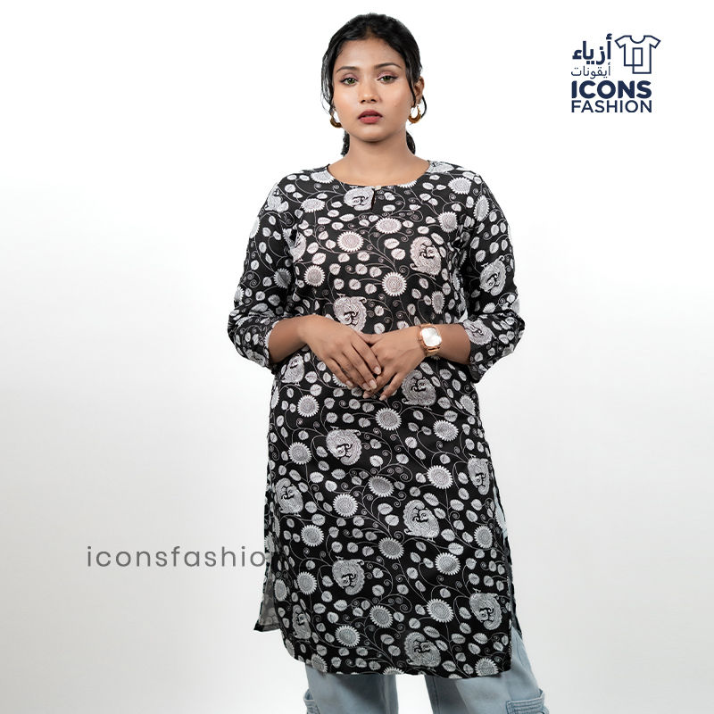 Black-printed-kurti-for-women-with-floral-motifs-round-neck-three-quarter-sleeves