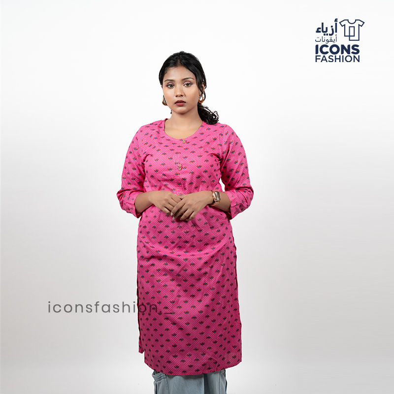 Pink-printed-straight-kurti-for-women-with-round-neck-and-three-quarter-sleeves