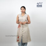 Beige-sleeveless-printed-straight-kurti-for-women-with-mandarin-collar-and-button-front