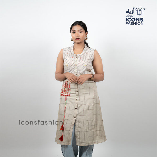 Beige-sleeveless-printed-straight-kurti-for-women-with-mandarin-collar-and-button-front