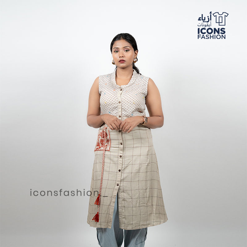 Beige-sleeveless-printed-straight-kurti-for-women-with-mandarin-collar-and-button-front