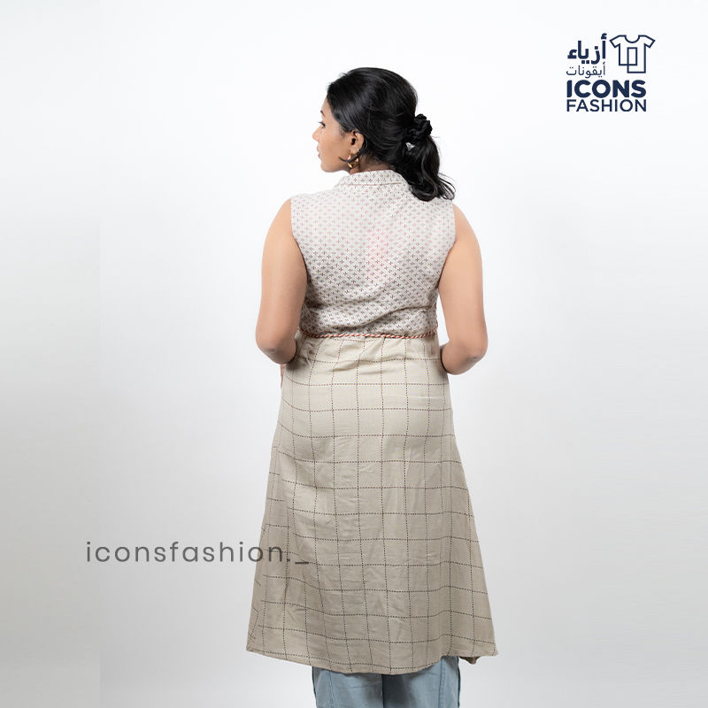 Beige-sleeveless-printed-straight-kurti-for-women-with-mandarin-collar-and-button-front