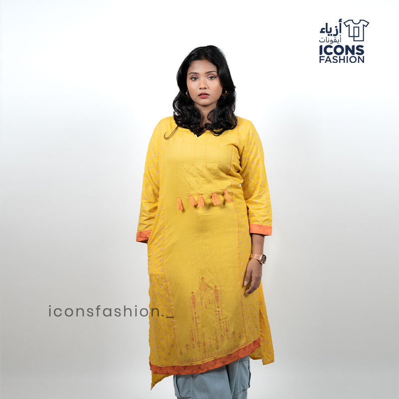 Yellow-printed-straight-kurti-for-women-with-v-neck-long-sleeves-and-waist-tassel-tie