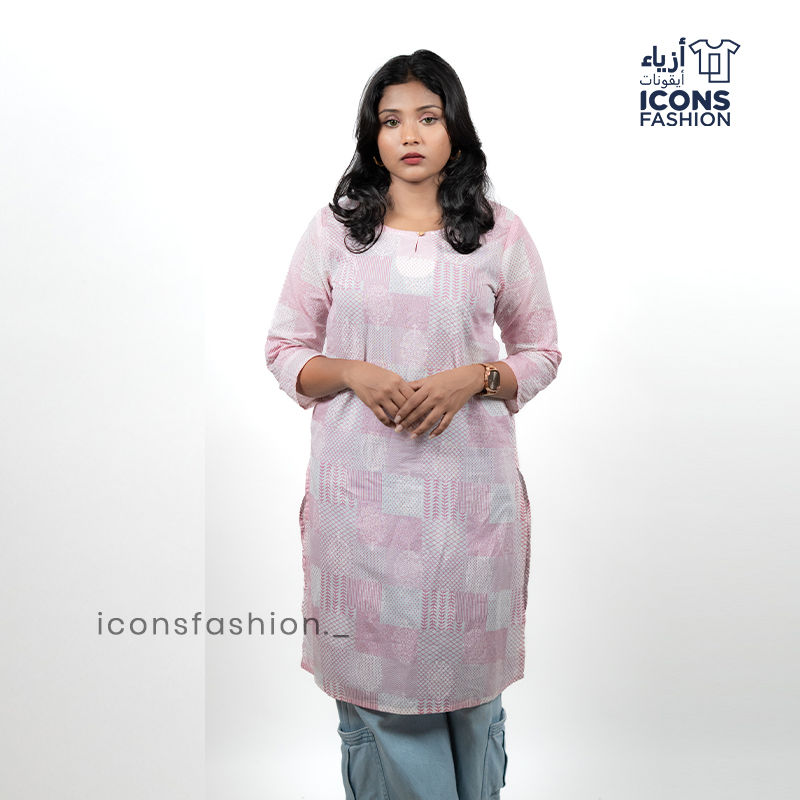 Pink-printed-straight-kurti-for-women-with-round-neck-and-three-quarter-sleeves