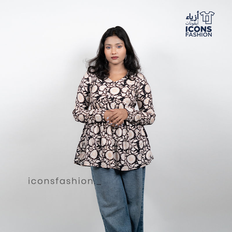 Multicolour-printed-long-sleeve-kurti-top-for-women-with-round-neck-and-relaxed-fit
