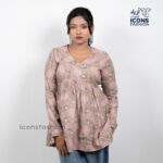 Beige-printed-v-neck-long-sleeve-kurti-top-for-women-with-relaxed-fit