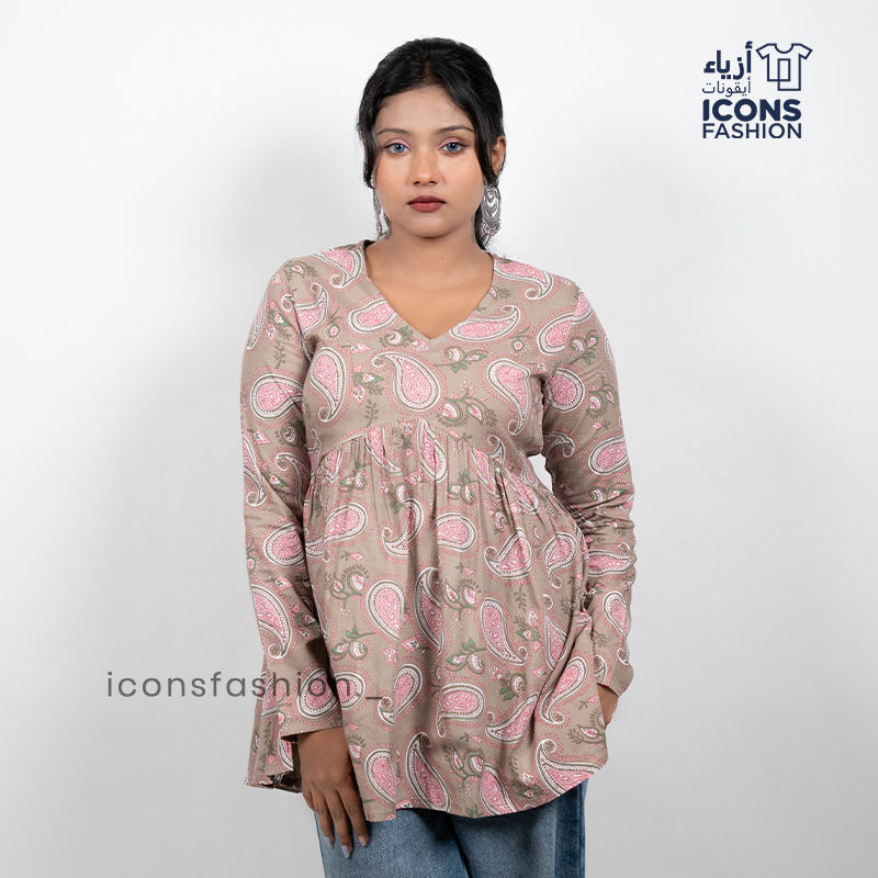 Beige-printed-v-neck-long-sleeve-kurti-top-for-women-with-relaxed-fit