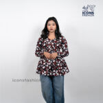 Black-floral-print-v-neck-long-sleeve-peplum-top-for-women