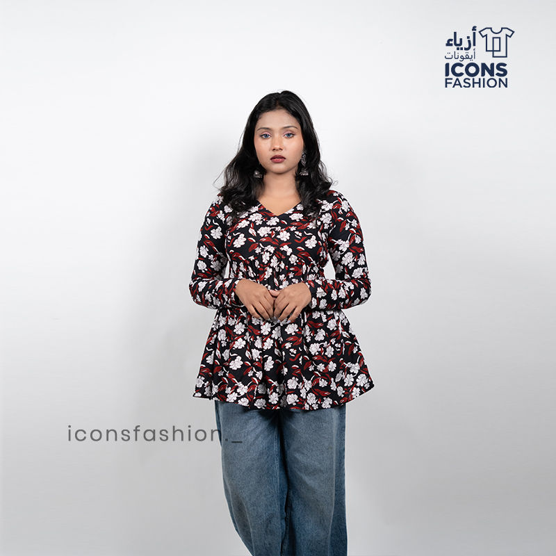 Black-floral-print-v-neck-long-sleeve-peplum-top-for-women