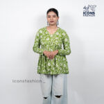 Green-floral-print-v-neck-long-sleeve-peplum-top-for-women