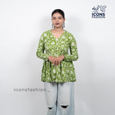 Green-floral-print-v-neck-long-sleeve-peplum-top-for-women