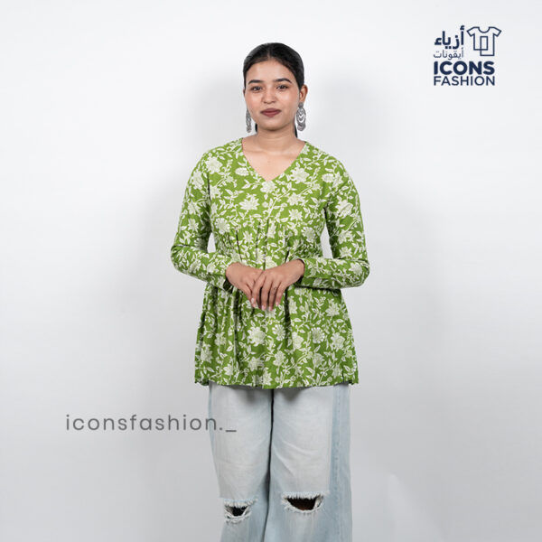 Green-floral-print-v-neck-long-sleeve-peplum-top-for-women