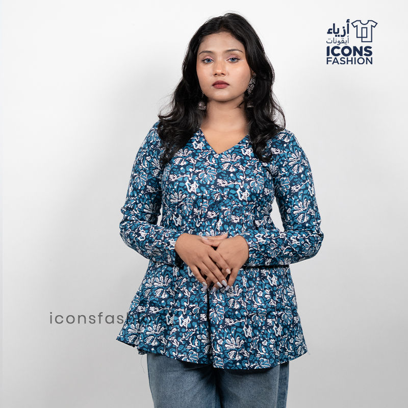 Blue-floral-print-v-neck-long-sleeve-peplum-top-for-women