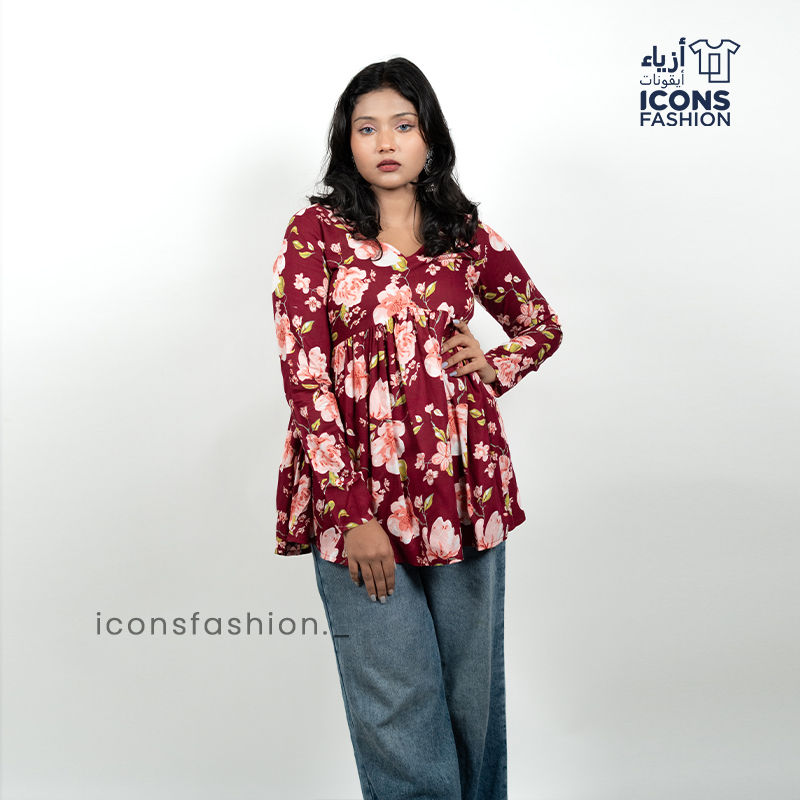 Burgundy-floral-print-v-neck-long-sleeve-casual-top-for-women