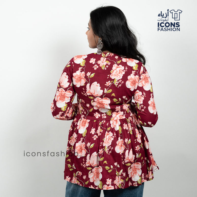 Burgundy-floral-print-v-neck-long-sleeve-casual-top-for-women