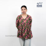 Olive-green-floral-print-v-neck-long-sleeve-kurta-for-women