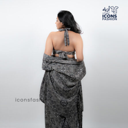 Women-grey-paisley-printed-halter-neck-crop-top-pants-co-ord-set-with-matching-shrug