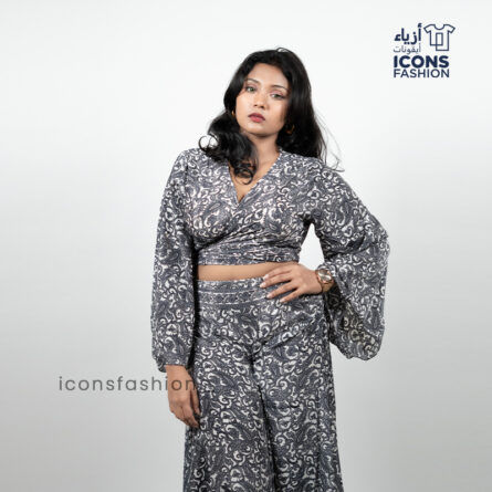 Women-grey-paisley-printed-crop-top-and-wide-leg-pants-co-ord-set-with-flared-sleeves