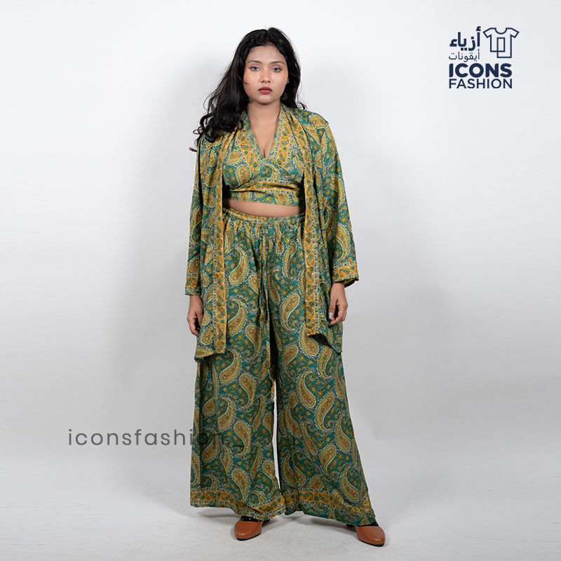 Women-green-paisley-printed-crop-top-wide-leg-pants-and-long-shrug-three-piece-co-ord-set