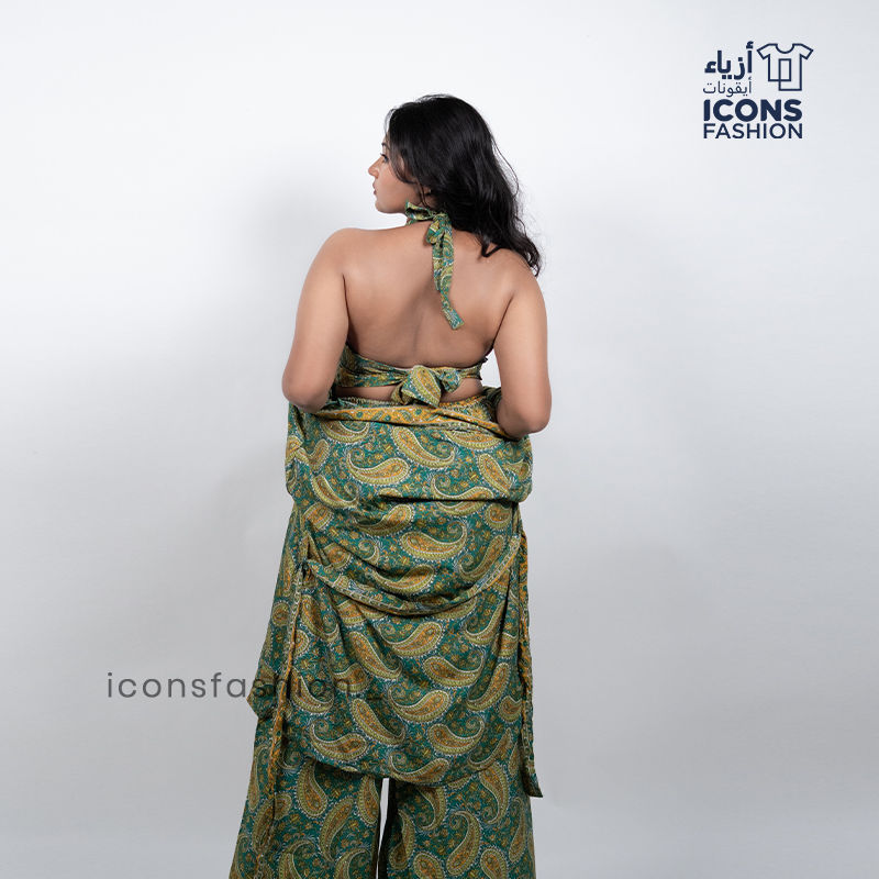 Women-green-paisley-printed-crop-top-wide-leg-pants-and-long-shrug-three-piece-co-ord-set