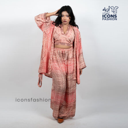 Women-peach-paisley-printed-crop-top-wide-leg-pants-and-long-shrug-three-piece-co-ord-set
