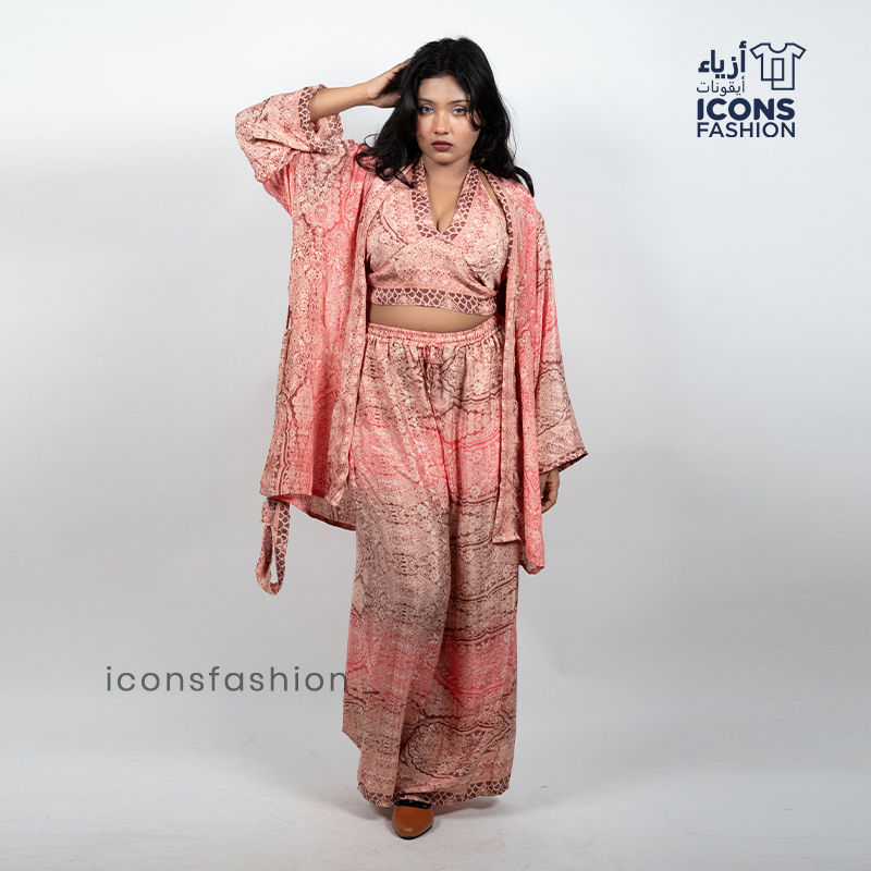 Women-peach-paisley-printed-crop-top-wide-leg-pants-and-long-shrug-three-piece-co-ord-set