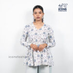 Women-white-and-blue-printed-flared-kurta-with-v-neck-and-long-sleeves