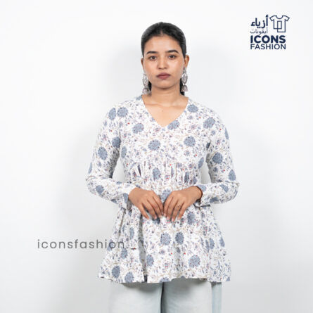 Women-white-and-blue-printed-flared-kurta-with-v-neck-and-long-sleeves