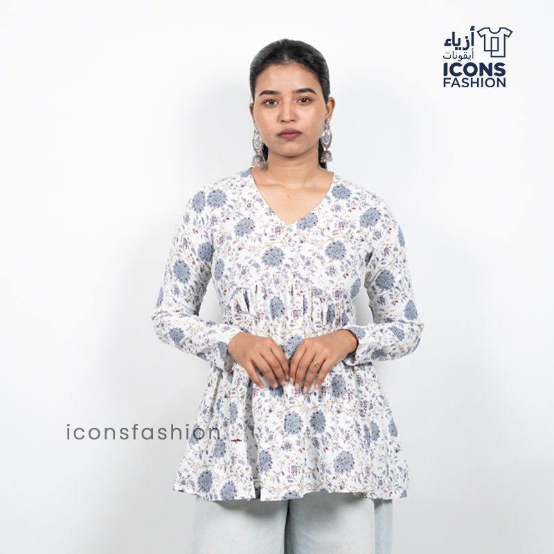 Women-white-and-blue-printed-flared-kurta-with-v-neck-and-long-sleeves