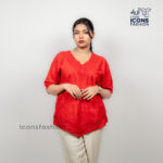 Red-embroidered-tunic-top-for-women-with-v-neck-and-elbow-length-sleeves