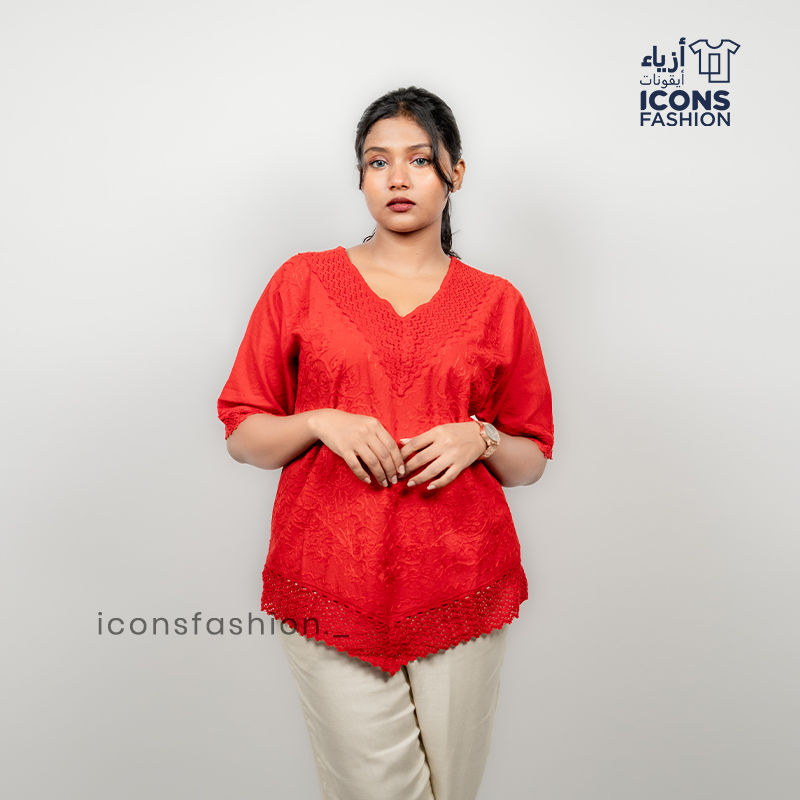 Red-embroidered-tunic-top-for-women-with-v-neck-and-elbow-length-sleeves