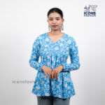 Blue-floral-printed-women’s-kurta-top-with-v-neck-and-long-sleeves