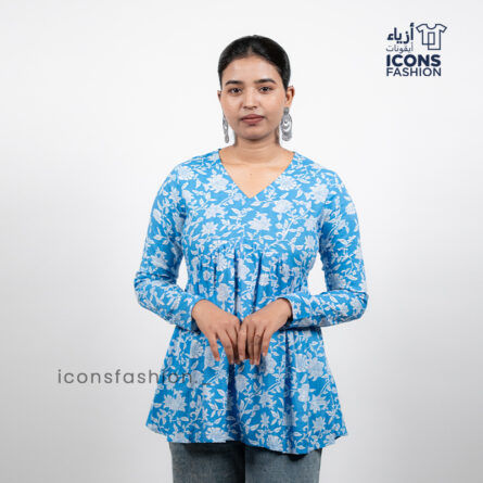 Blue-floral-printed-women’s-kurta-top-with-v-neck-and-long-sleeves