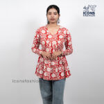 Red-floral-printed-women’s-kurta-top-with-v-neck-and-long-sleeves