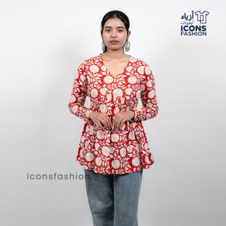 Red-floral-printed-women’s-kurta-top-with-v-neck-and-long-sleeves