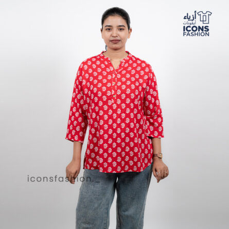 Red-printed-tunic-top-with-mandarin-collar-and-three-quarter-sleeves