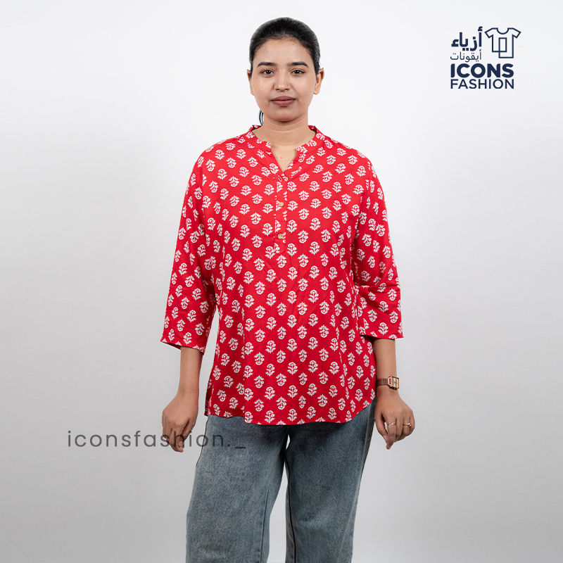 Red-printed-tunic-top-with-mandarin-collar-and-three-quarter-sleeves